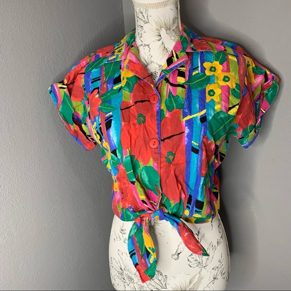Connections Tops - Vintage 90s 80s Bright Floral Button Top 12 14